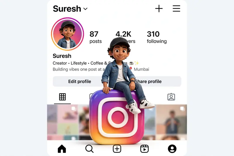 "Create a 3D illustration of an animated character sitting casually on top of a social media logo “ Instagram ”. The character must wear casual
