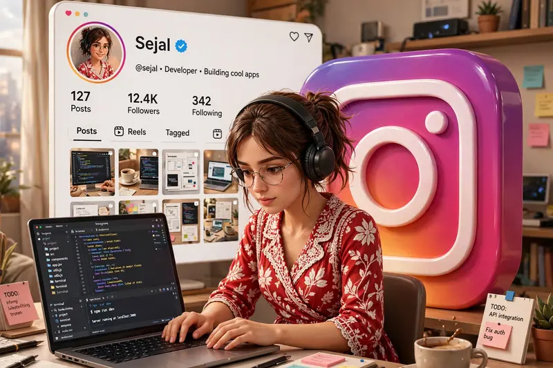 Create a 3D illustration featuring a realistic 24-year-old beautiful girl busy Developing software in front of a 3D logo of “Instagram” The girl