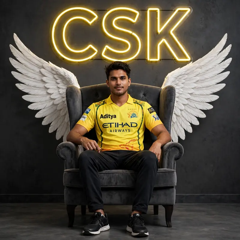 Create a 3D illusion for a profile picture where a 25 Year old boy in a Csk ipl Jersey Sitting casually on a Wingback chair. The name "Aditya" is