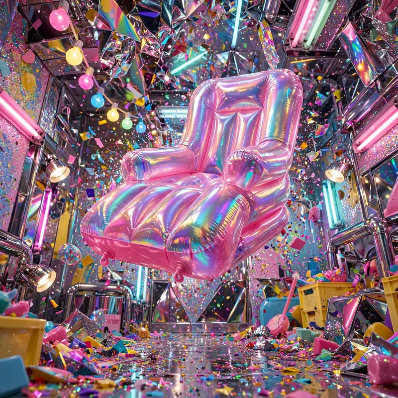 candy-coated 2000s commercial art snapshot of a blow-up chair floating in a glitter room, pure millennium-era energy. Candy-colored practical lights