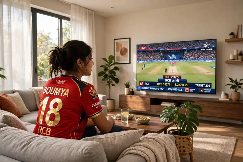In a spacious, tastefully decorated living room, a lifelike scene unfolds. A Girl, approximately 21 years old, engrossed in an IPL match, sits before
