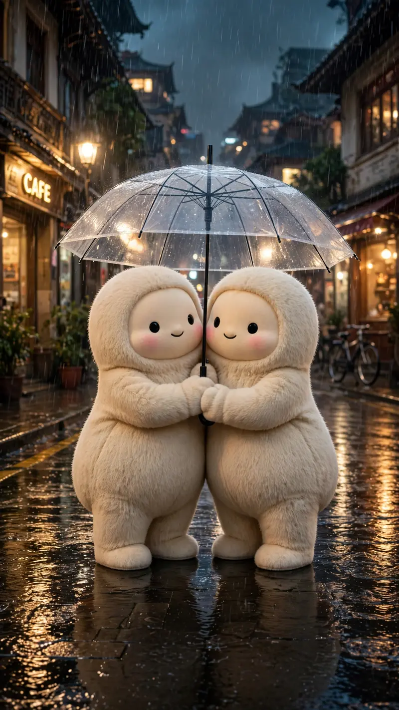 Reference my uploaded photo for the exact faces, skin tones, and features. Nothing about identities should change. Place us on a romantic rainy city