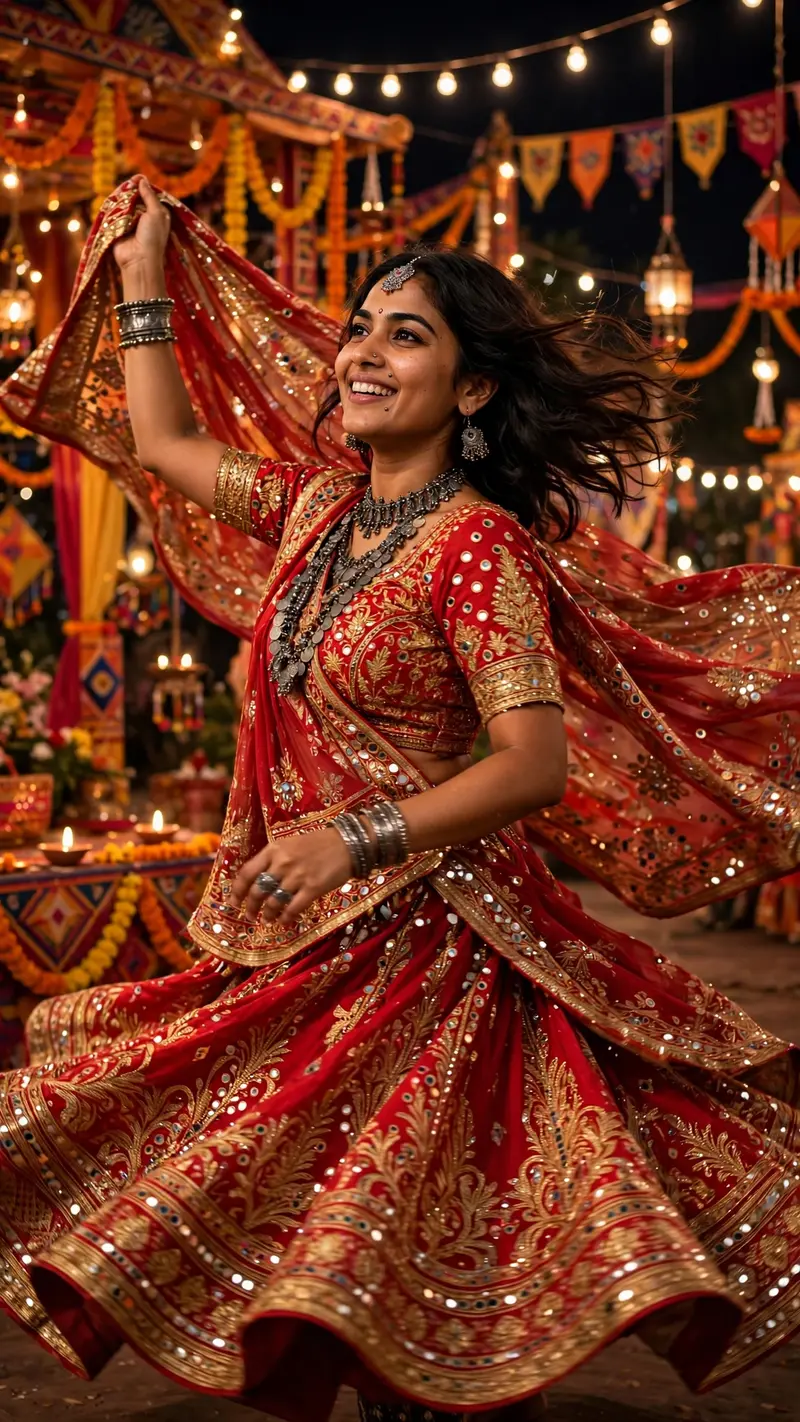 Reference my uploaded photo for my exact face, skin tone, and features. Nothing about my identity should change. Dress me in a vibrant red and gold
