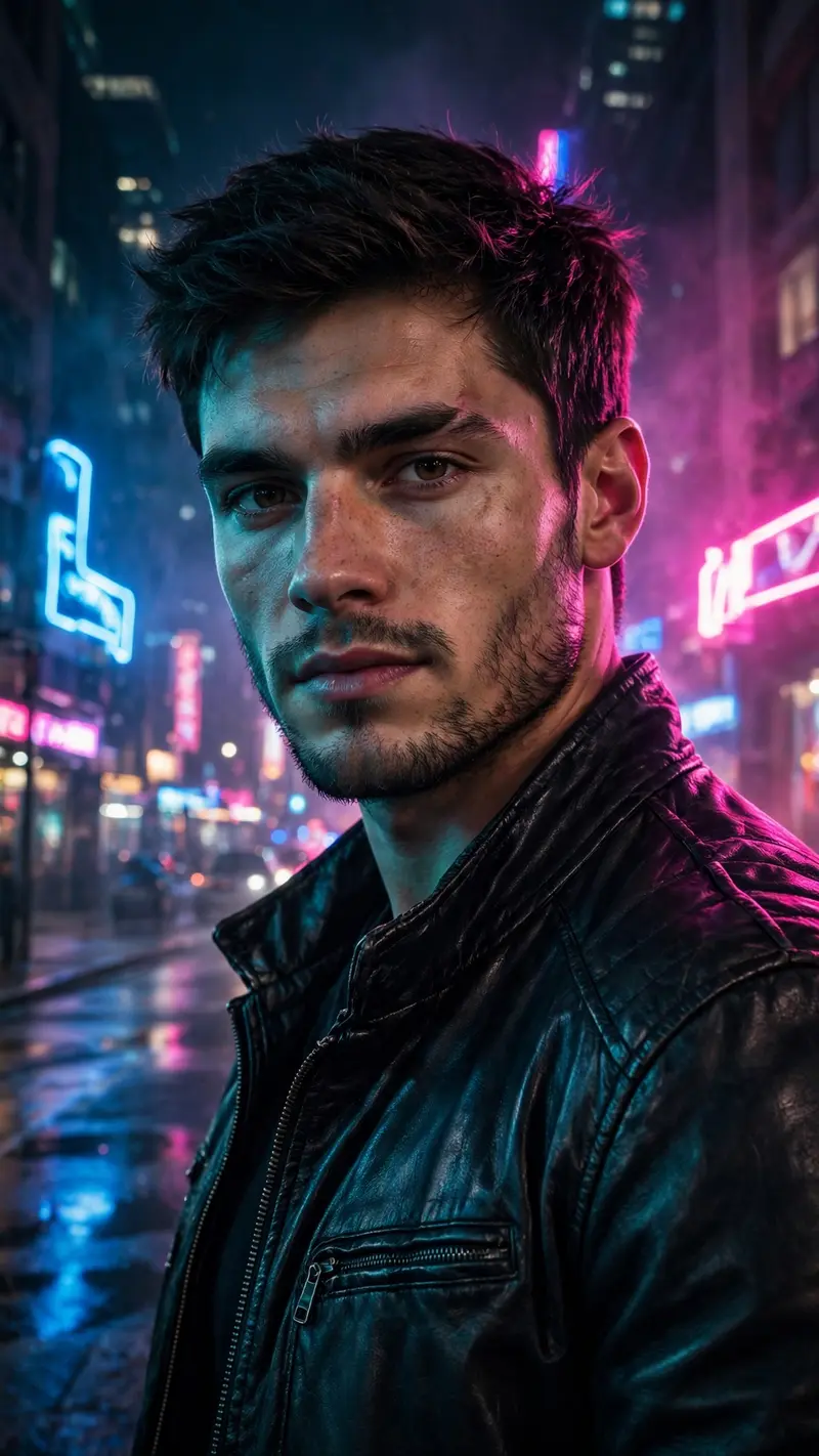 Create a vertical 9:16 portrait of a confident young man in a black leather jacket standing on a city street at night. Glowing neon signs in blue and
