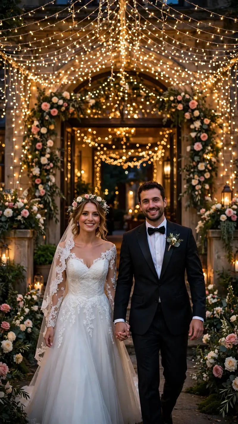Create a vertical 9:16 portrait of a wedding couple holding hands while entering a beautifully decorated venue at evening. Thousands of warm fairy