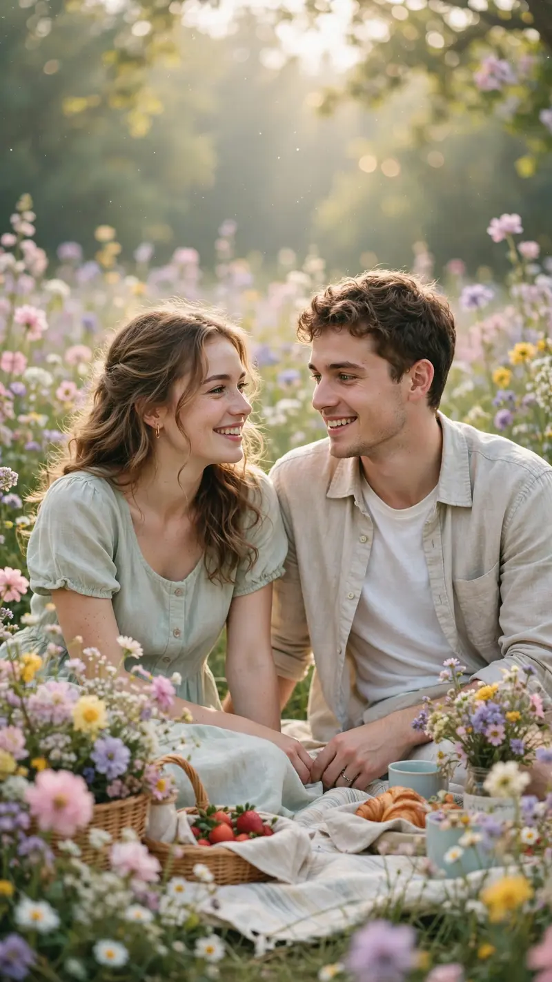 Create a vertical 9:16 portrait of a young couple enjoying a picnic in a blooming flower meadow in soft morning light. Pastel flowers everywhere