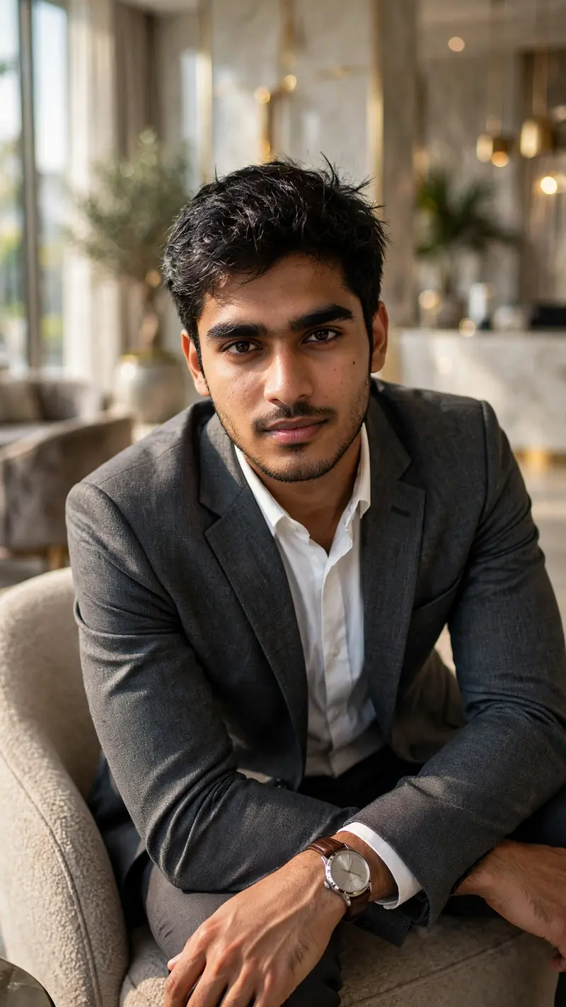 Create a professional ultra-realistic editorial portrait of a handsome young Indian man in his mid-20s, photographed inside a luxurious modern hotel