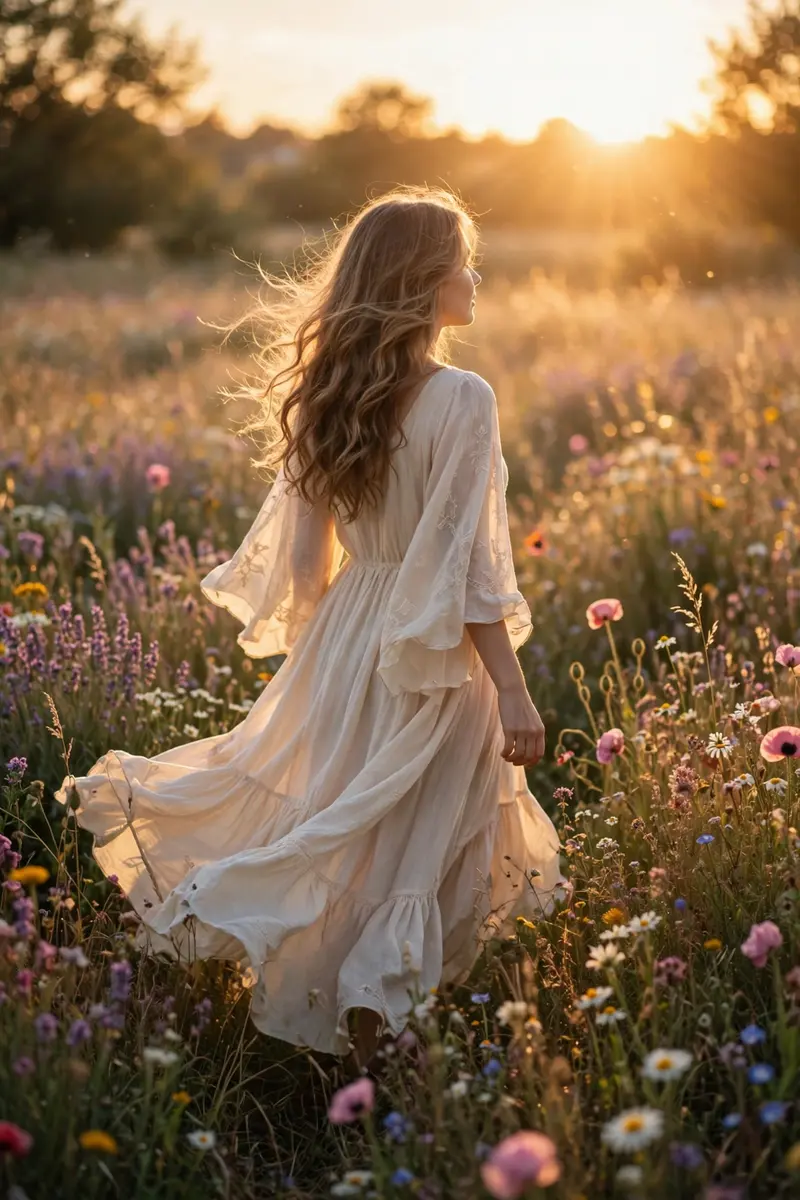 Girl in flowy dress walking through flower field, golden hour lighting, soft focus background, cinematic aesthetic