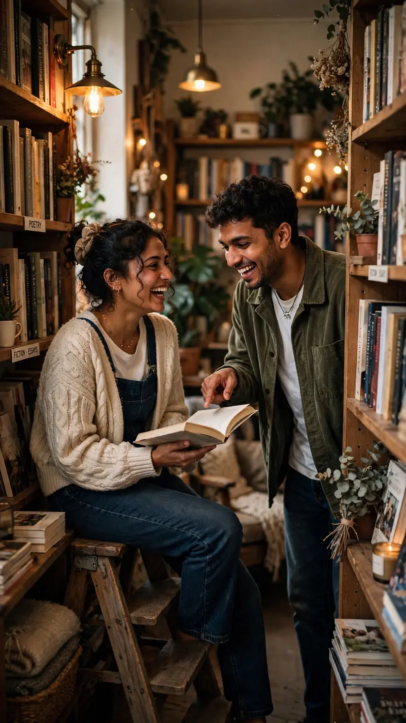 Create an ultra-realistic editorial photograph of a young Indian couple inside a cozy independent bookstore. Capture them from a slightly tilted side