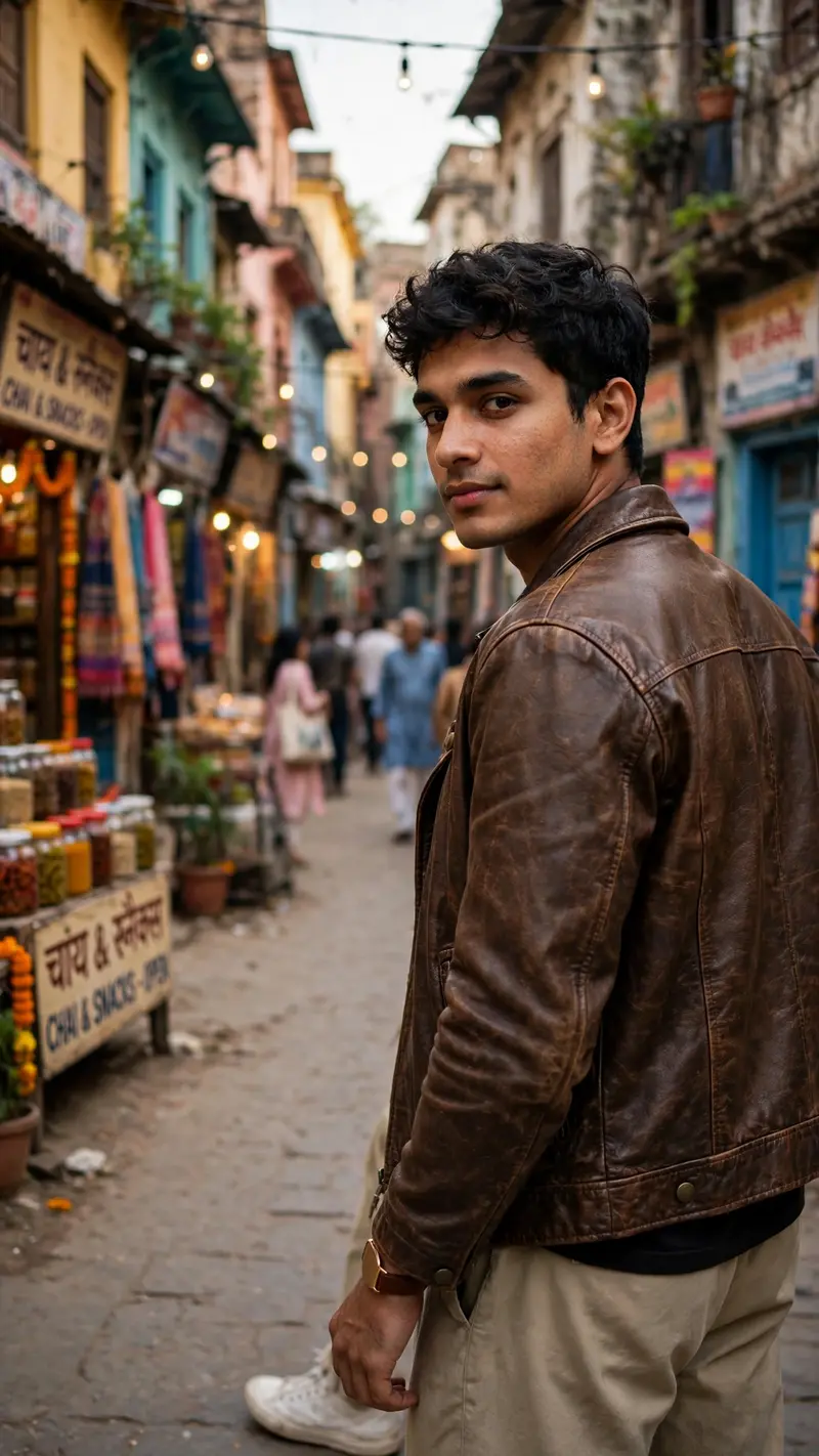 Create an ultra-realistic editorial photograph of a trendy young Indian man standing in a colorful old-town street, captured from an