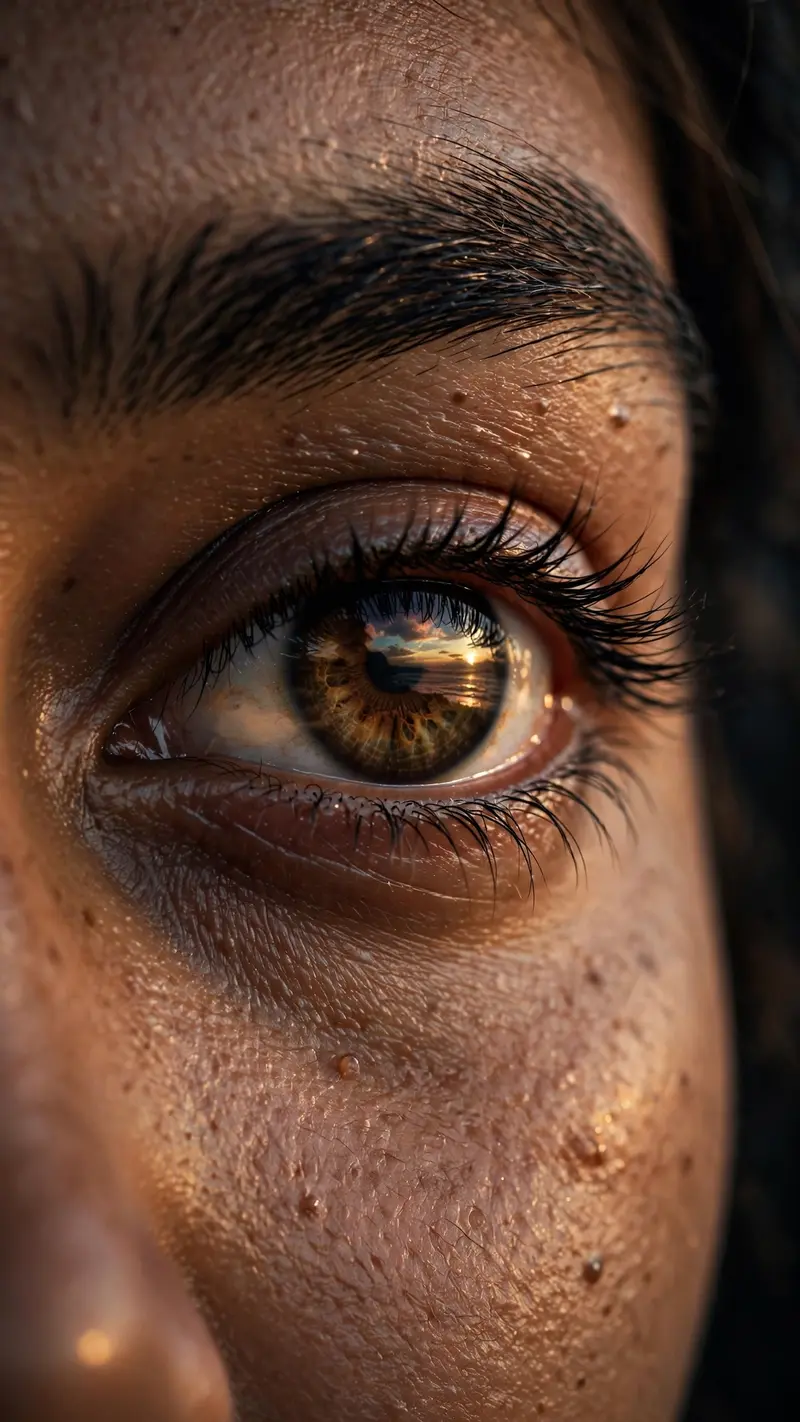 Create an ultra-realistic cinematic close-up of beautiful expressive eyes belonging to a young Indian woman, with intricate iris details, natural