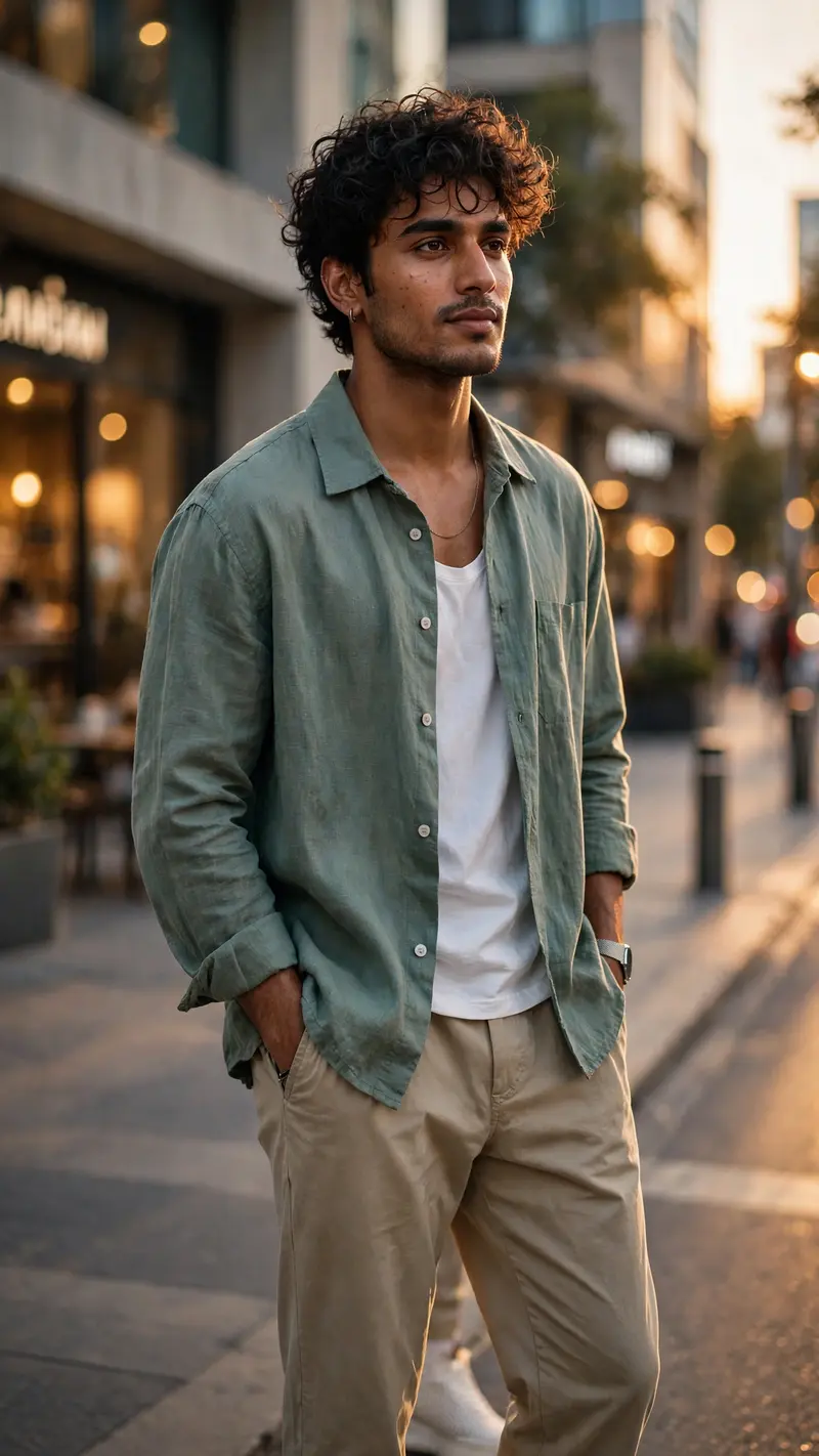Create an ultra-realistic cinematic portrait of a stylish young Indian man standing on a modern city street at golden hour. He is wearing a trendy