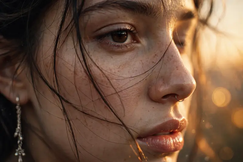 Ultra-close cinematic portrait of a young woman, only half of her face visible, warm golden-hour lighting, soft amber tones, loose dark hair strands