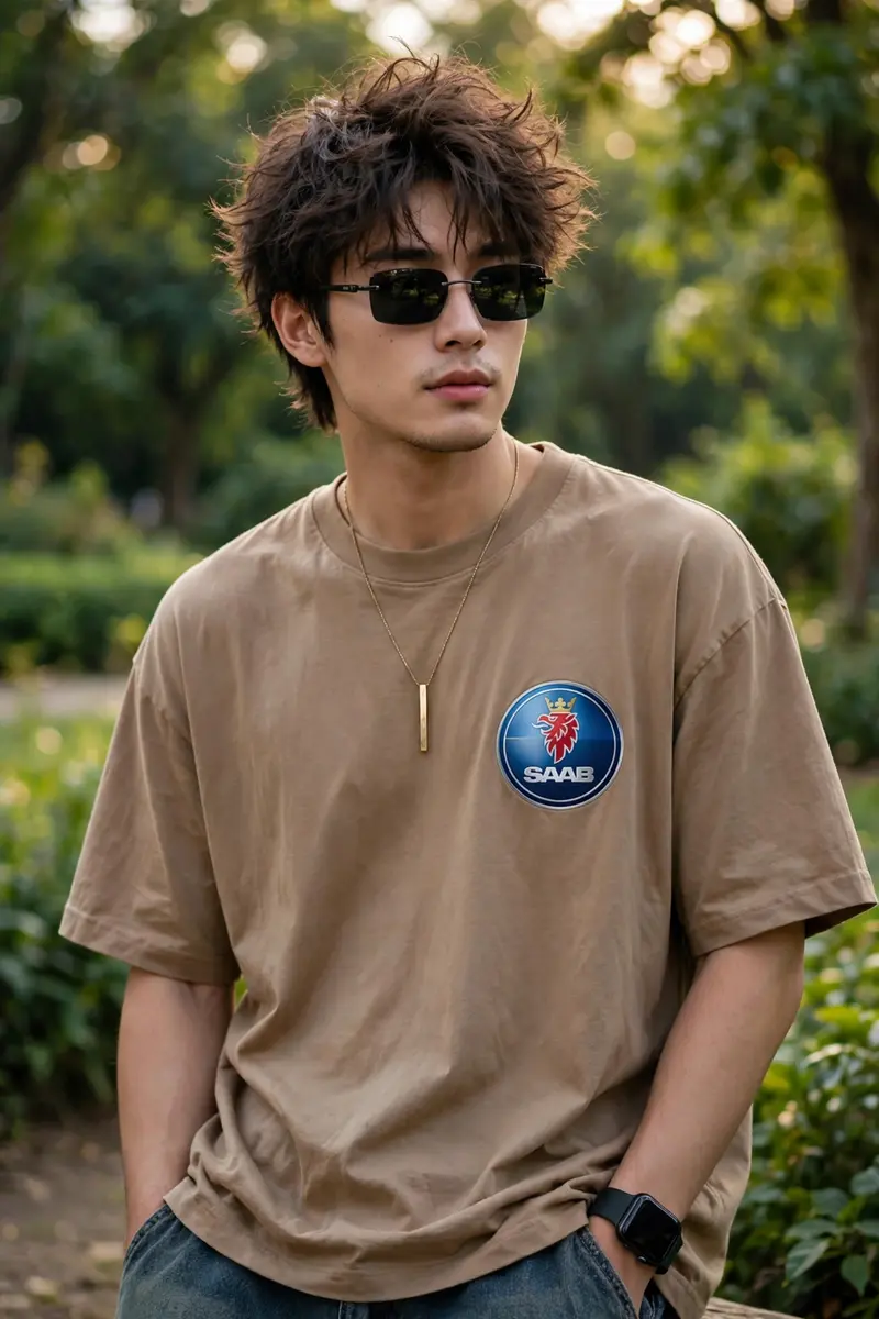 Create an image of a stylish young man with messy voluminous hair, posing outdoors in a vibrant natural setting. He is wearing an oversized light