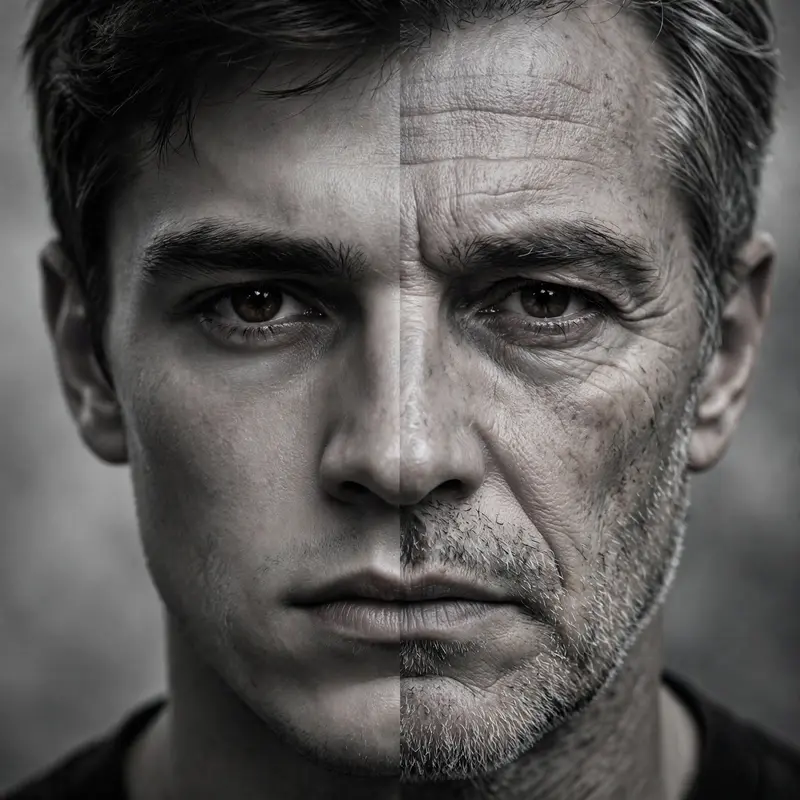 Using the given two faces Create an ultra-realistic, cinematic black-and-white split-face portrait showing the same man divided perfectly down the