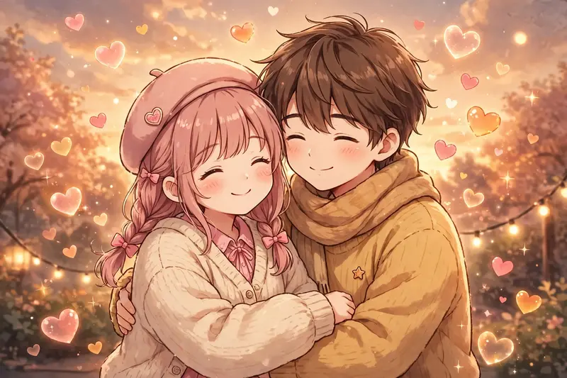 Generate a cute anime-style couple illustration hugging each other with hearts floating in the background, warm color palette