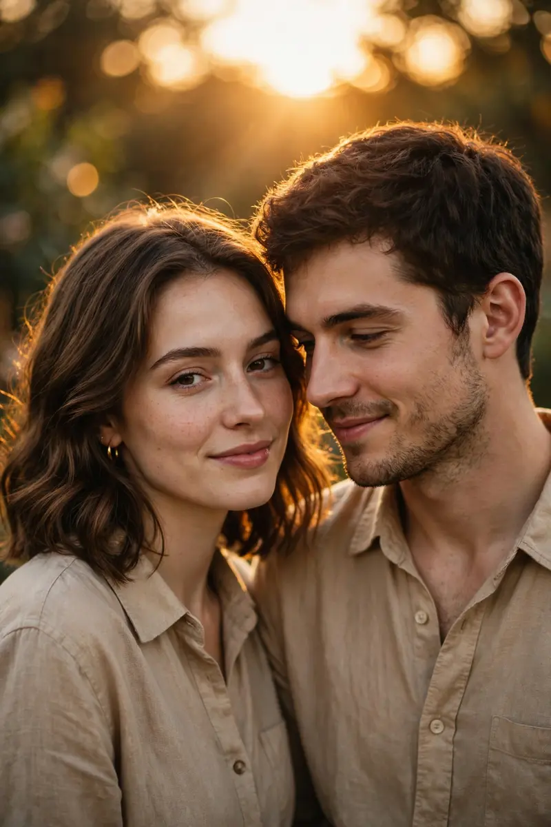Turn this couple photo into a cinematic editorial portrait. Use warm golden-hour lighting, a softly blurred bokeh background, a natural close pose