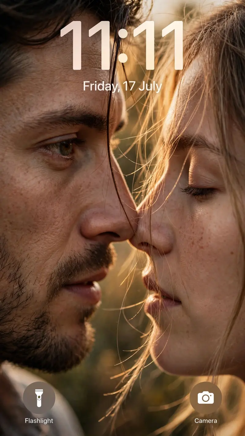 Ultra-realistic iPhone lock screen photo: extreme close-up of a couple’s faces almost touching, only one eye each visible, his eye open, hers softly