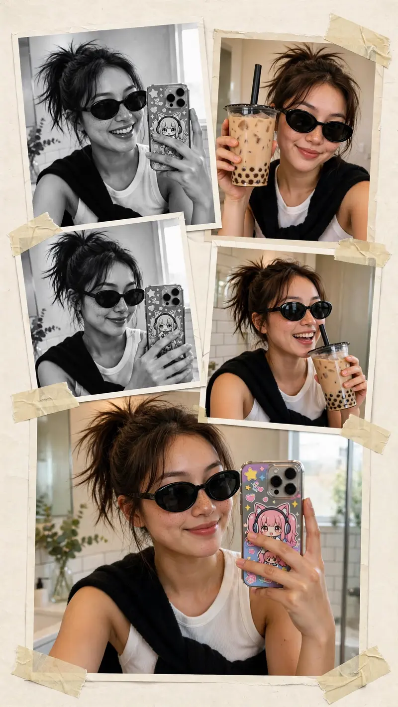 Turn this photo into an ultra-realistic 9:16 mirror selfie collage of the same woman, same face as the uploaded photo. Playful, confident vibe, messy