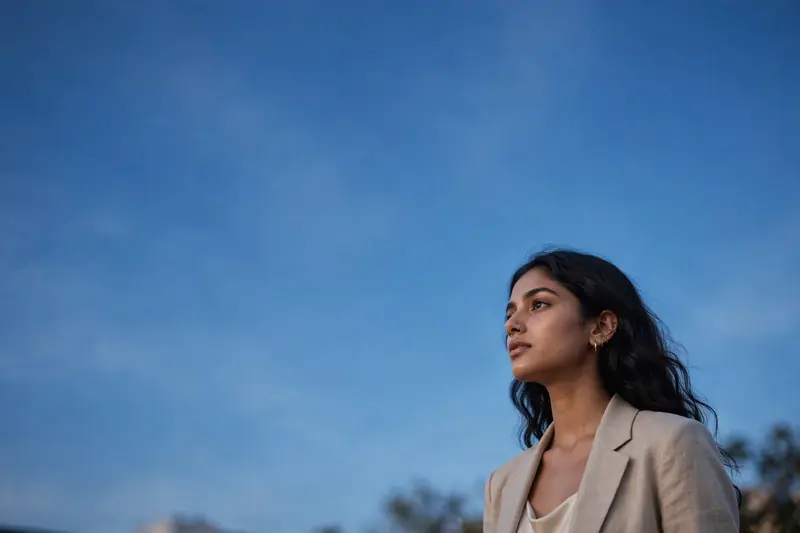 Premium cinematic editorial portrait of a stylish young Indian woman outdoors during blue hour, inspired by luxury fashion campaigns and modern