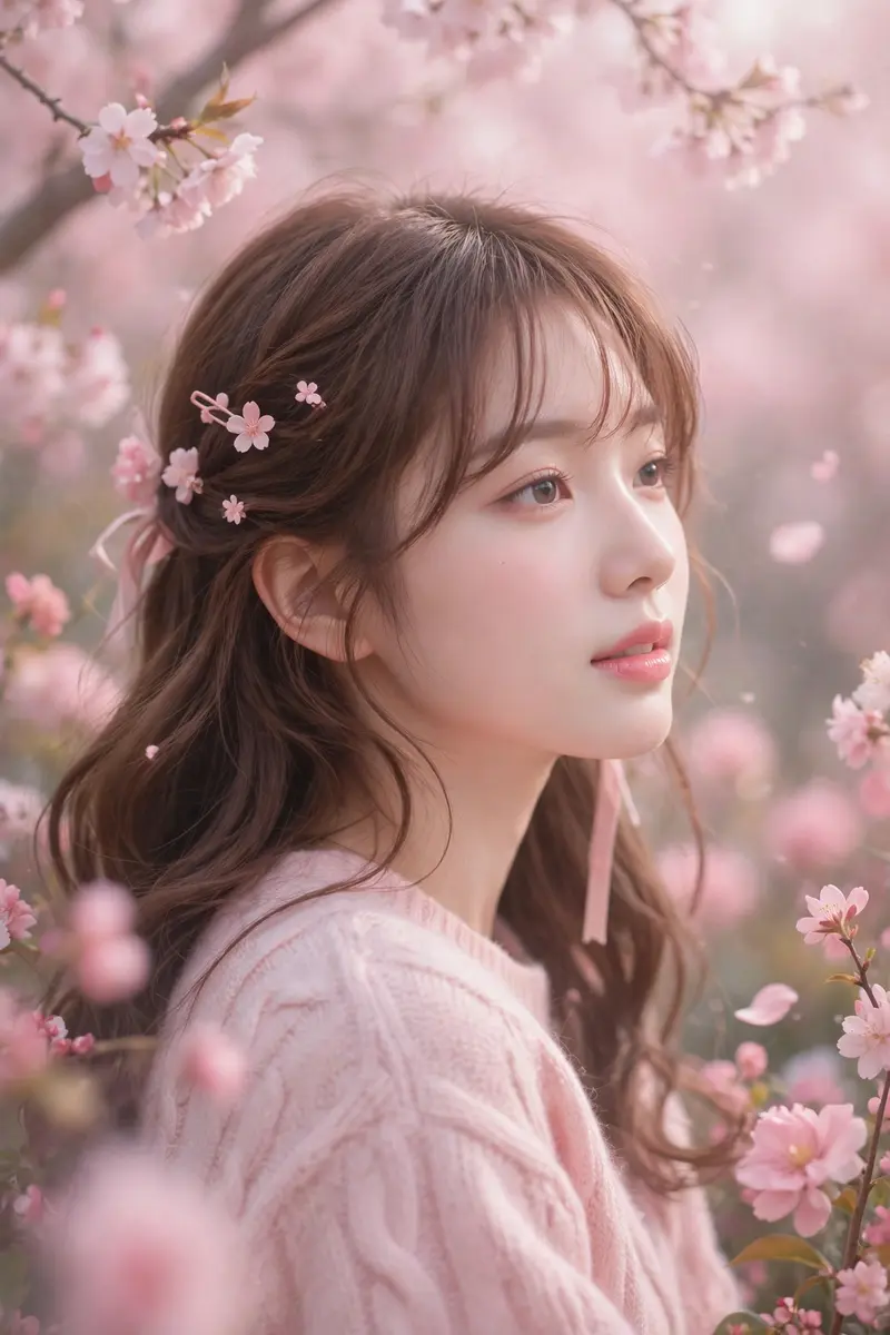 Create a Korean-style ulzzang aesthetic photo of a girl with soft filters, flower background, dreamy pink tones