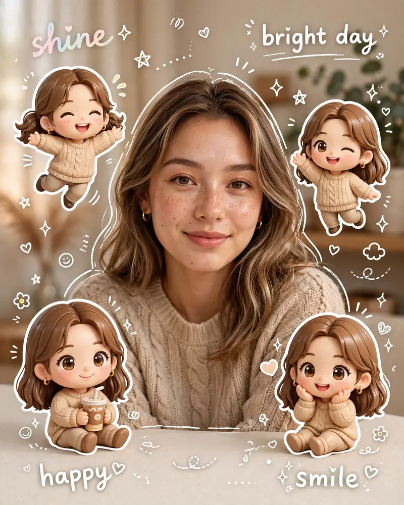 Use a real face as the reference photo. Keep the background the same as in the photo. The lighting is warm, soft, and clean, with subtle shadows