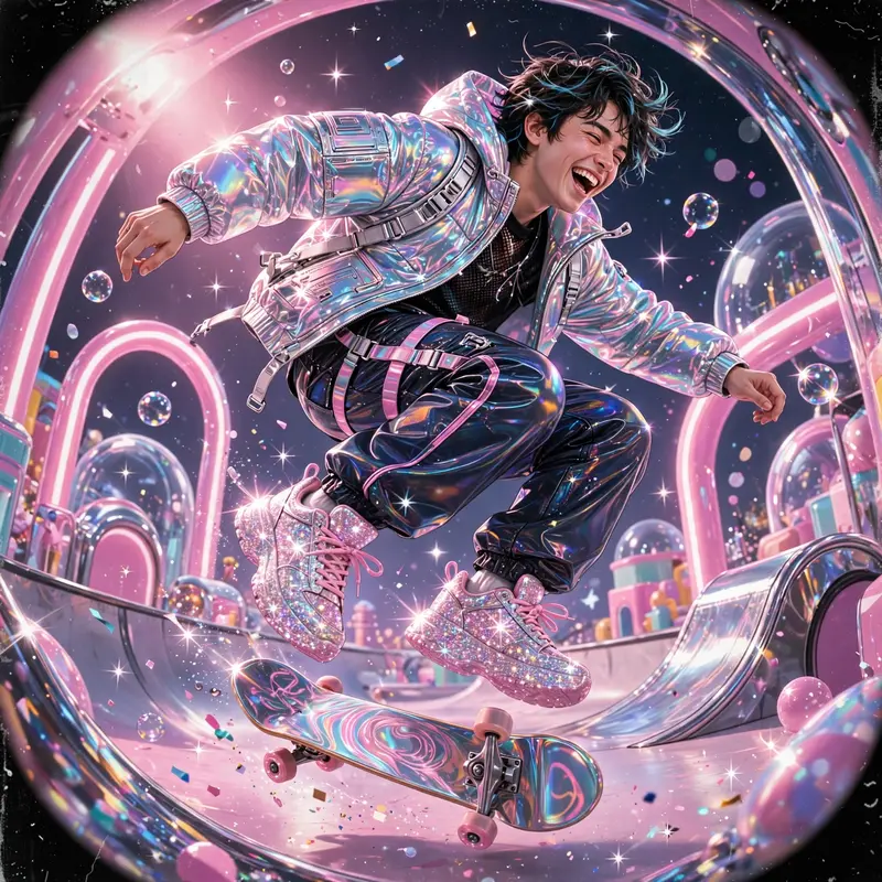 iridescent chrome-futurist illustration moment with a glitter-sneaker skater mid-kickflip, caught mid-laugh in flash-lit glory. Soft bubblegum-pink