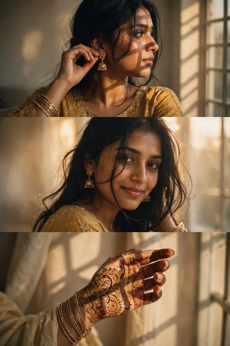 A warm-toned cinematic portrait collage of a South Asian woman in traditional attire, arranged in three horizontal frames. She has long black hair