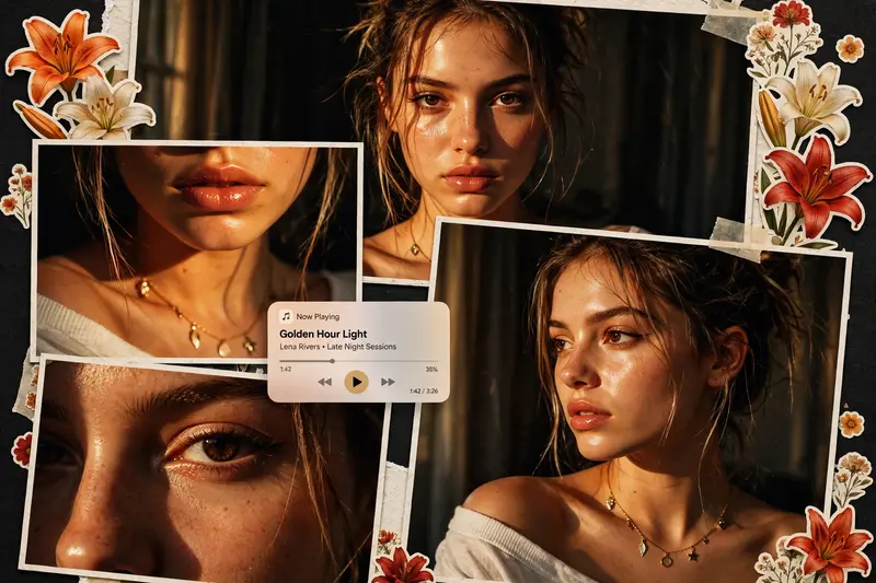 Ultra-realistic cinematic collage of a young woman using the uploaded face exactly. The image is composed of multiple rectangular photo panels