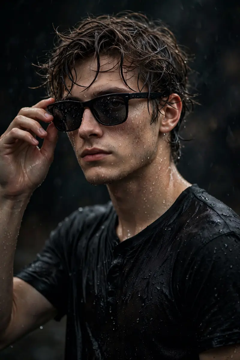 ULTRA-REALISTIC CINEMATIC MEDIUM CLOSE-UP PORTRAIT of a young man, framed from the waist up with his face, shoulders and surroundings clearly