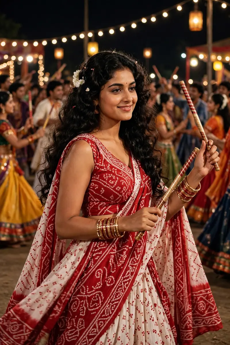 Create a retro vintage but bright image of the reference picture but draped in a perfect red and white coloured gujarati vibe lehenga with no sleeves