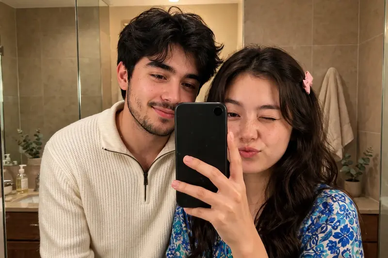Create a highly realistic casual mirror-selfie photo of a young couple standing very close together in front of a large bathroom mirror. COMPOSITION