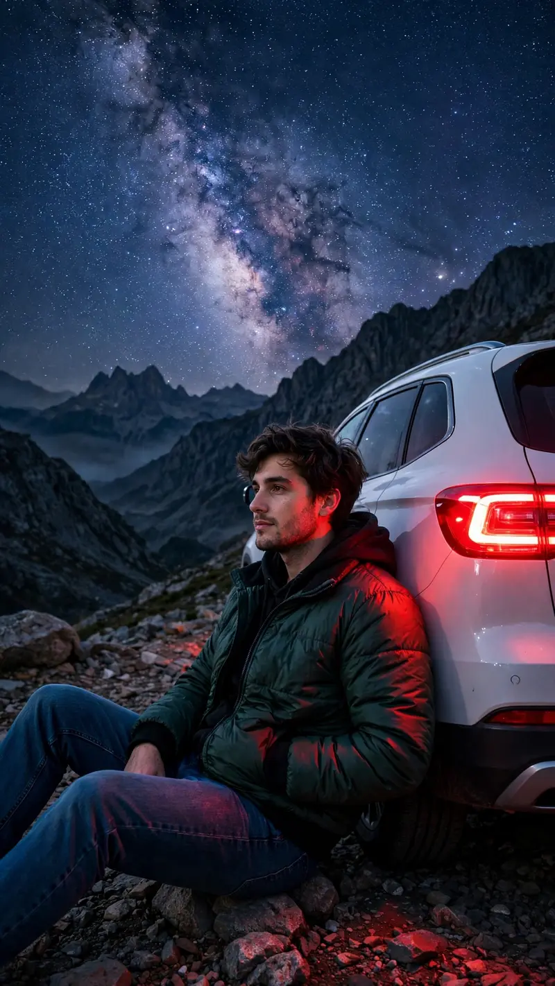 Transform my photo into a realistic cinematic night-time mountain scene. Keep the person's face, hairstyle, body, and outfit exactly the same as in