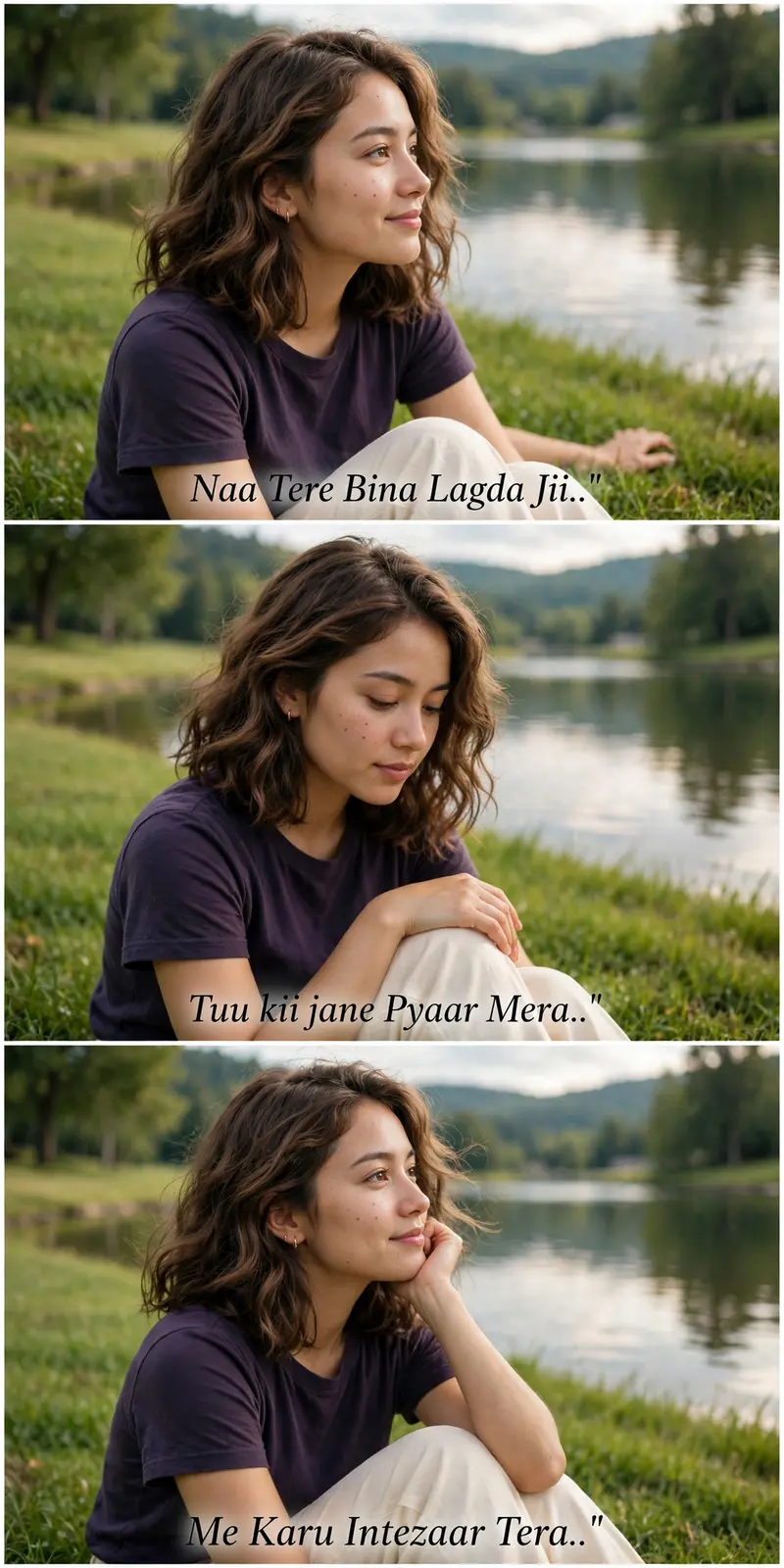 Ultra-realistic 3-frame vertical collage of the same girl sitting on lush green grass beside a calm lakeside, wearing a dark purple shirt and cream