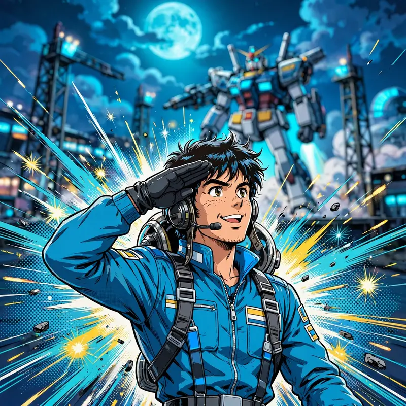 High-energy anime poster art of a mecha pilot saluting before launch, rendered in retro 80s anime aesthetic with explosive impact frames. Cold cyan