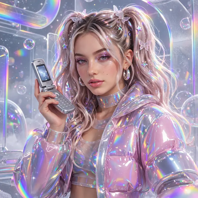 a pop star posing with a silver flip phone in frosted-glass futurism illustration, frozen in a flash of early-2000s magic. Iridescent rainbow rim