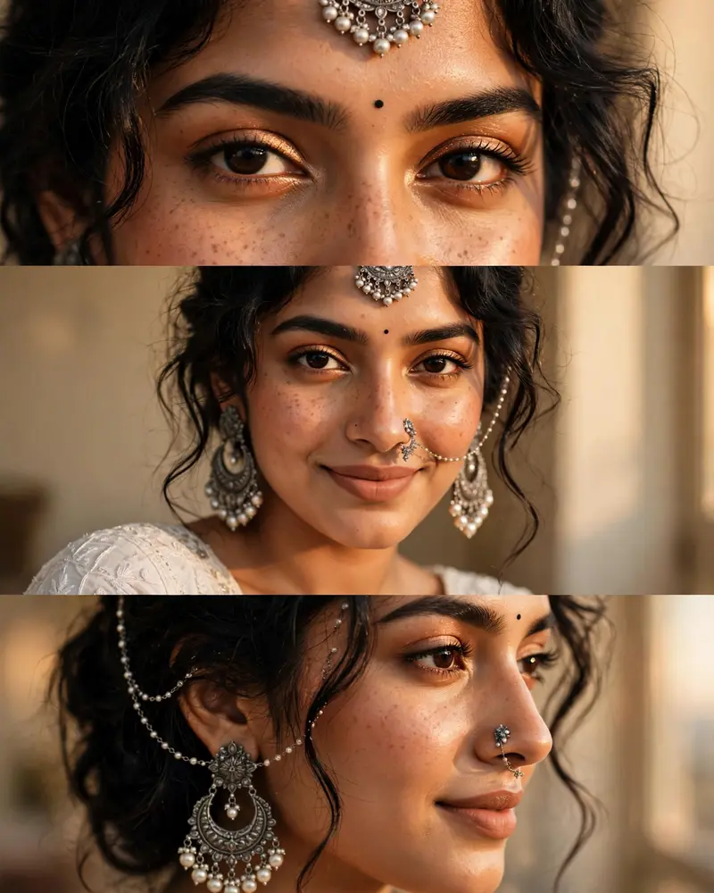 Create an ultra-realistic DSLR beauty portrait collage of the SAME person from the uploaded reference image. STRICT IDENTITY LOCK: Preserve the