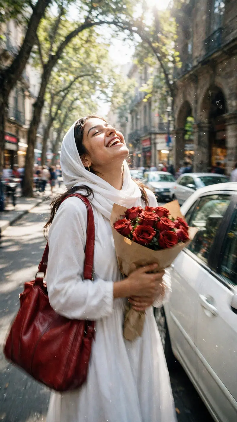 Ultra realistic candid street photo, vertical 9:16. 189 Young South Asian woman, natural youthful face, short shoulder length dark brown hair, large