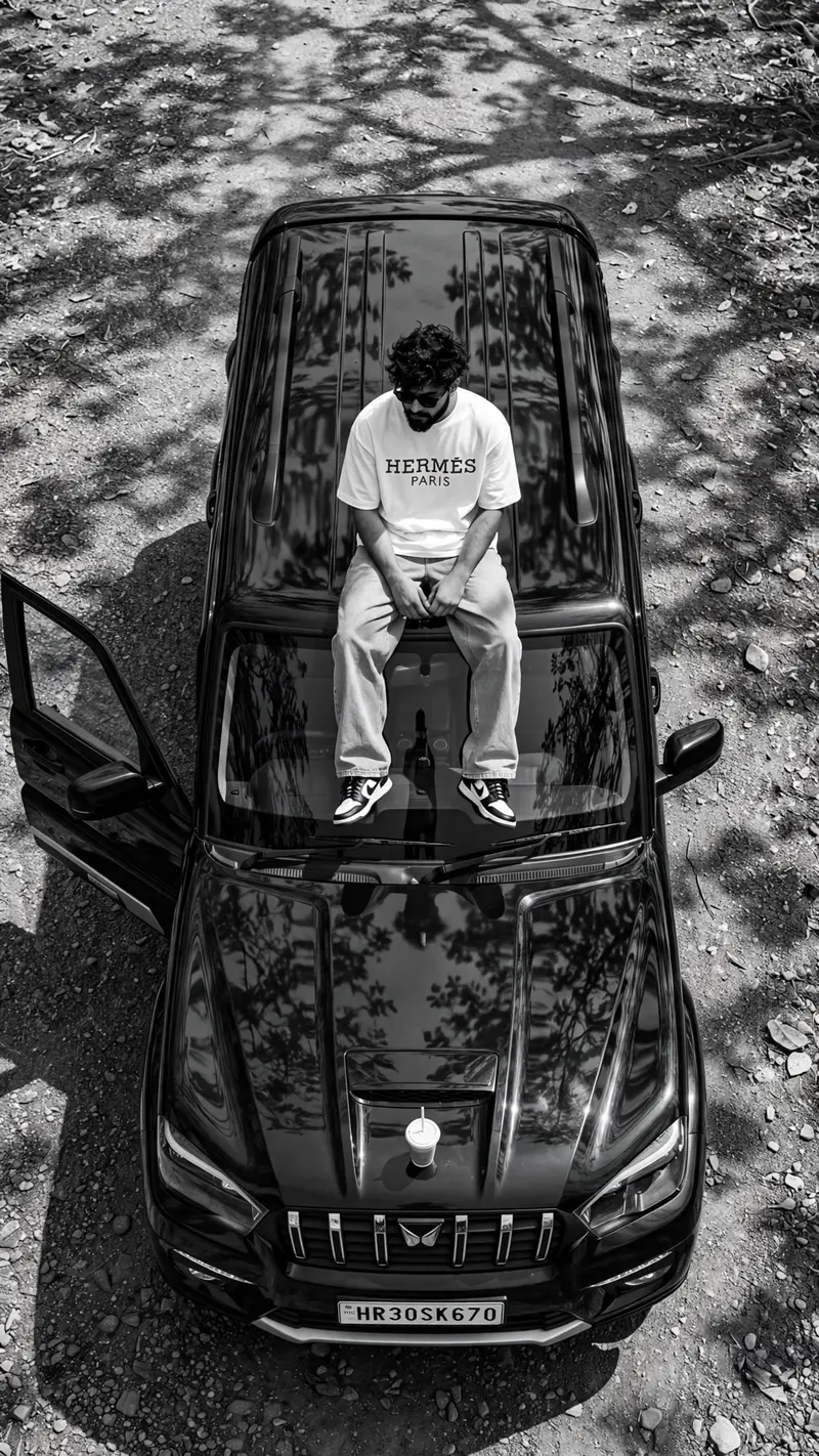 A young stylish Indian man sitting on the bonnet of a black Mahindra Scorpio SUV, top-down aerial drone view, black and white photography, Details