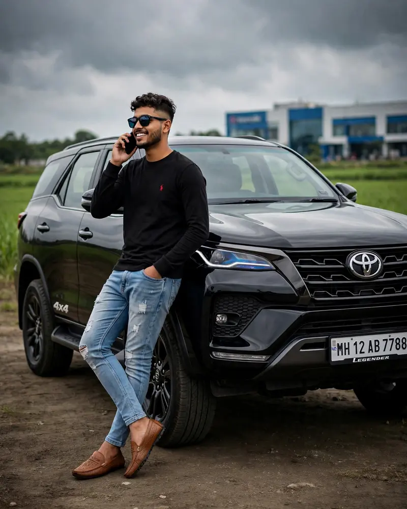 A young stylish Indian man in his 20s, short faded curly hair, trimmed beard, wearing black sunglasses with blue tint, black full sleeve shirt with