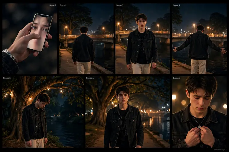 A cinematic ultra-realistic / video (16:9) at night, rich full color grading with warm amber streetlights and deep blue-black sky, of a young man