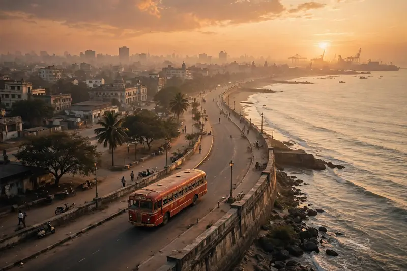 Video Prompt Analysis Opening Coastline Shot (0:00) Prompt: Aerial tracking shot of an Indian coastal city promenade in the 1980s at golden hour. A