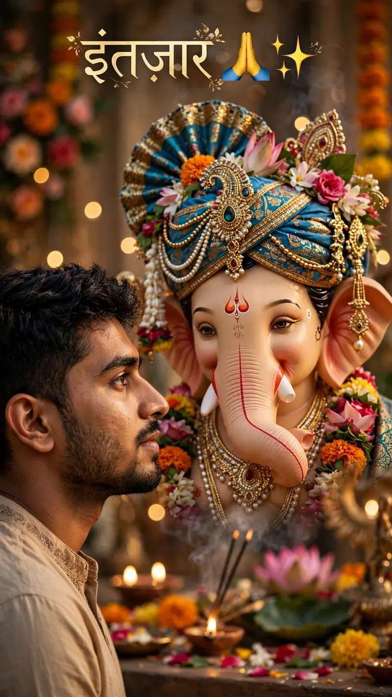 create an ultra-realistic vertical 9:16 devotional portrait inspired by the reference image. a beautifully decorated lord ganesha idol is the main