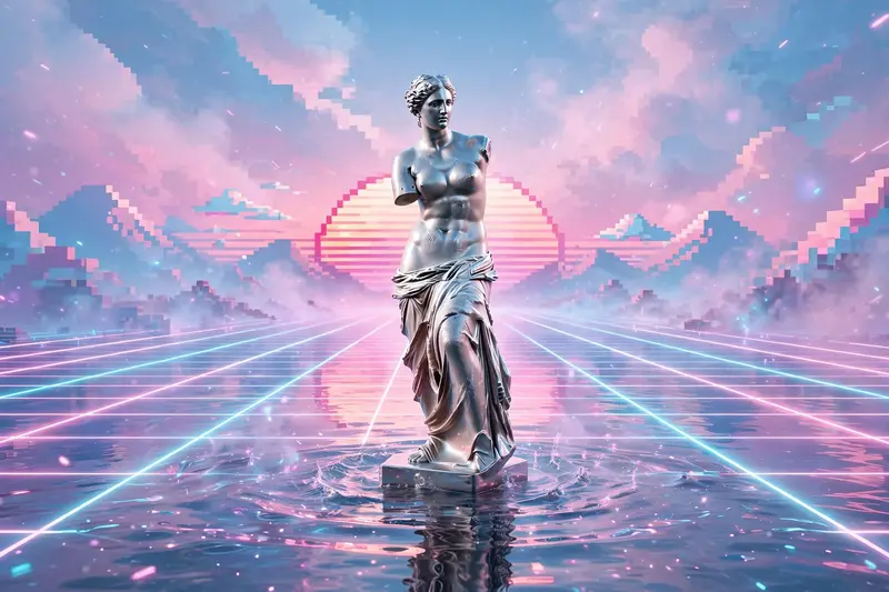 A chrome statue of Venus de Milo standing in a shallow neon-lit pool, infinite laser grid stretching to a pixelated sunset horizon, vaporwave