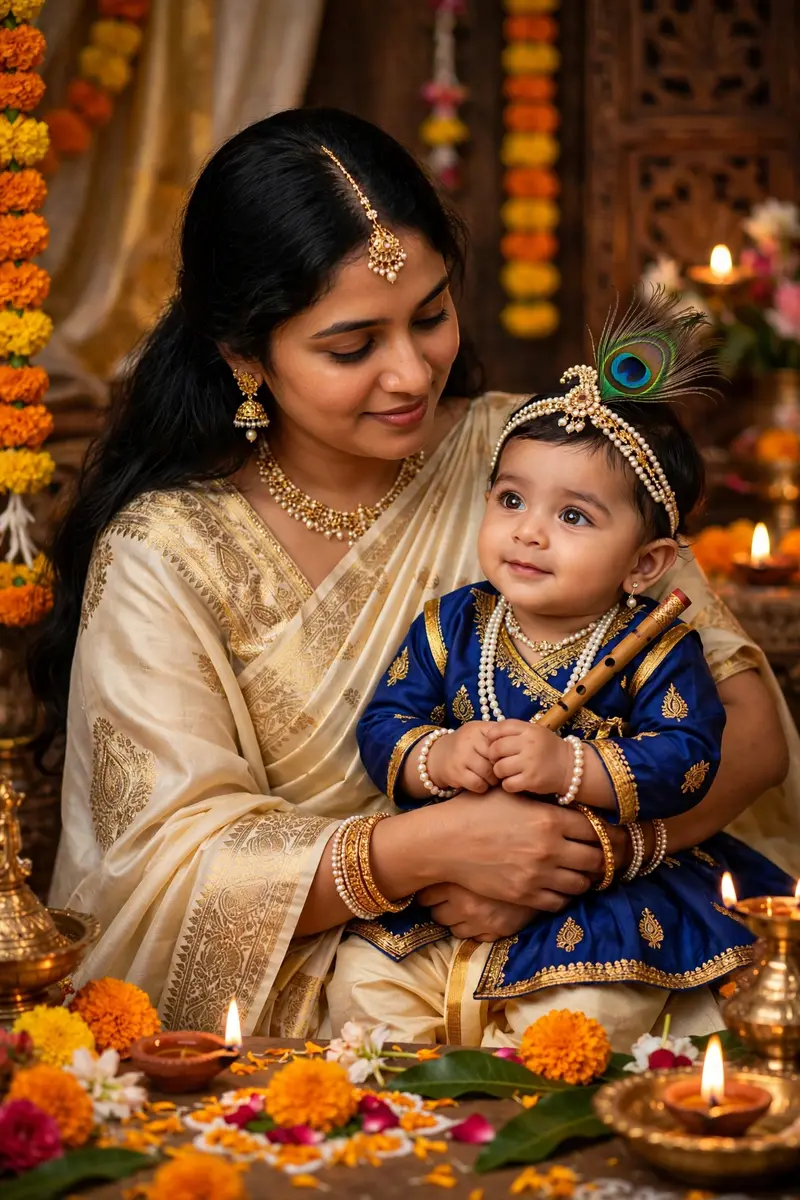 Use the uploaded mother-and-baby photo as the main reference and transform it into an ultra-realistic traditional Indian Janmashtami photoshoot. Keep