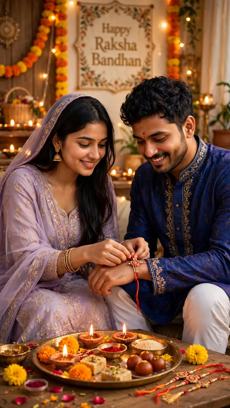 Ultra-realistic cinematic Indian Raksha Bandhan celebration photo of a young Indian brother and sister sitting together at home. Use the uploaded