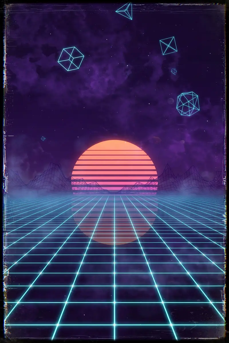 Endless retro computer grid glowing cyan against a deep purple sky, a wireframe mountain silhouette on the horizon, floating geometric shapes
