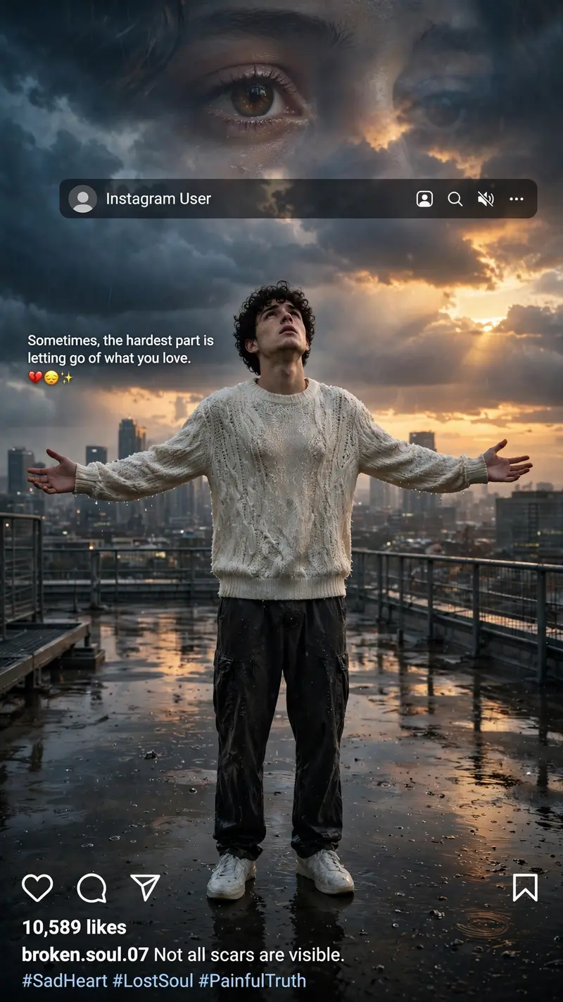 Create an ultra-realistic cinematic vertical 9:16 Instagram heartbreak edit based on the uploaded reference image. Preserve the boy’s exact facial