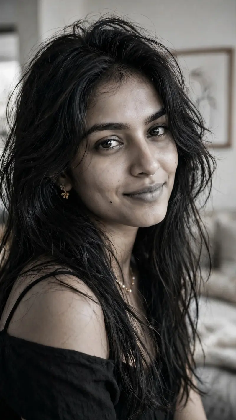 Create an ultra-realistic black-and-white cinematic portrait of a young South Asian woman, photographed in a close-up vertical composition. She has
