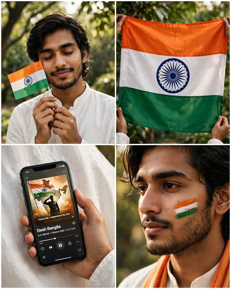 Use the uploaded reference image as the visual and identity reference. Create a vertical 4-panel Instagram-style Independence Day collage featuring
